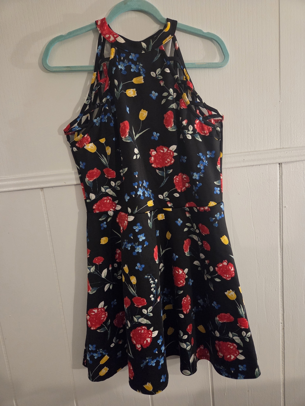 Floral Halter Skater Dress - Black with Red & Yellow Blooms